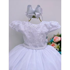 Vestido Infantil Damas Honra Branco Casamentos Pérolas Renda