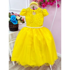 Vestido Infantil Damas Honra Casamento Amarelo Renda Pérola
