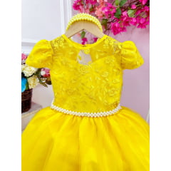 Vestido Infantil Damas Honra Casamento Amarelo Renda Pérola