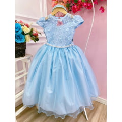 Vestido Infantil Damas Honra Casamento Azul C/ Renda Pérola