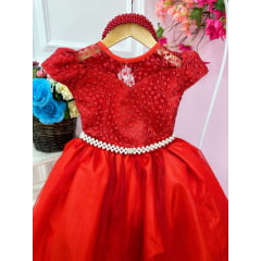 Vestido Infantil Damas Honra Casamento Vermelho Renda Pérola