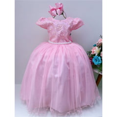 Vestido Infantil Damas Honra Rosa Casamentos Renda Pérolas