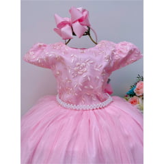 Vestido Infantil Damas Honra Rosa Casamentos Renda Pérolas