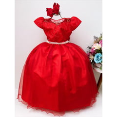 Vestido Infantil Damas Honra Vermelho Casamento Pérola Renda