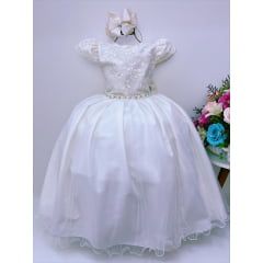 Vestido Infantil Marfim Renda Damas Honra Casamentos Pérola
