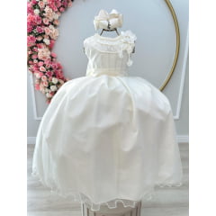 Vestido Infantil Off White Damas Honra Casamentos C/ Broche