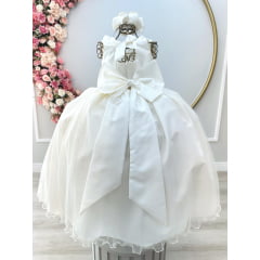 Vestido Infantil Off White Damas Honra Casamentos C/ Broche