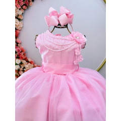 Vestido Infantil Rosa Damas de Honra Casamentos C/ Broche