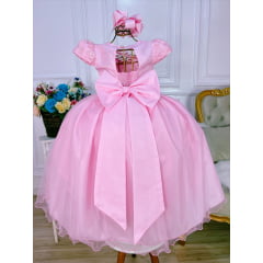 Vestido Infantil Rosa Damas Honra Casamento C/ Renda Pérolas