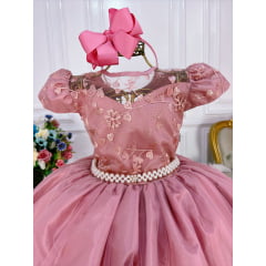 Vestido Infantil Rose Damas Honra Casamento Renda e Pérolas