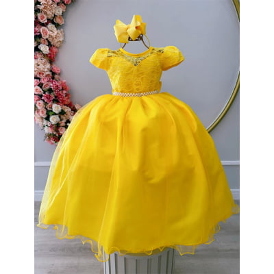 Vestido Infantil Amarelo Damas Honra Casamento Pérolas Renda