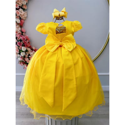 Vestido Infantil Amarelo Damas Honra Casamento Pérolas Renda