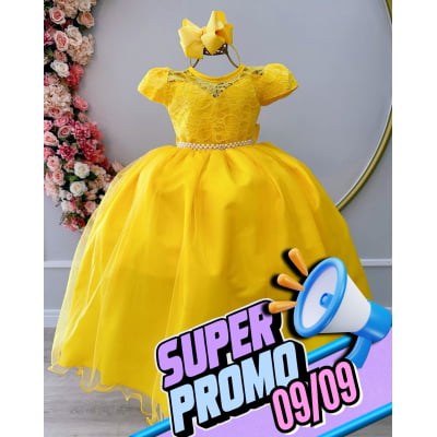 Vestido Infantil Amarelo Damas Honra Casamento Pérolas Renda