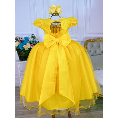 Vestido Infantil Amarelo Damas Honra Casamento Renda Pérolas