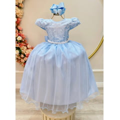 Vestido Infantil Azul Claro C/ Renda Daminhas de Honra Longo