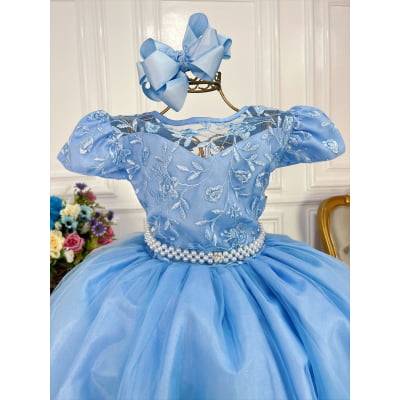 Vestido Infantil Azul Dama Honra Casamento Renda e Pérolas
