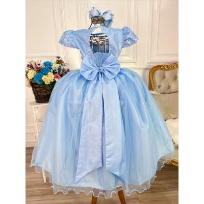 Vestido Infantil Azul Dama Honra Casamento Renda e Pérolas