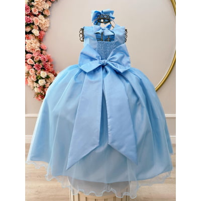 Vestido Infantil Azul Damas de Honra Casamentos C/ Broche