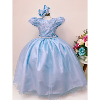 Vestido Infantil Azul Renda Damas Honra Casamentos Pérola