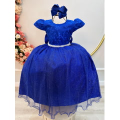 Vestido Infantil Azul Royal C/ Renda Daminhas de Honra Longo