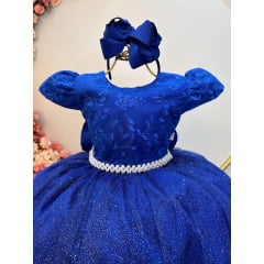 Vestido Infantil Azul Royal C/ Renda Daminhas de Honra Longo