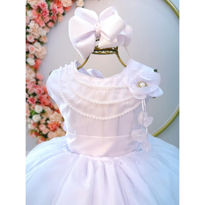 Vestido Infantil Branco Damas de Honra Casamentos C/ Broche
