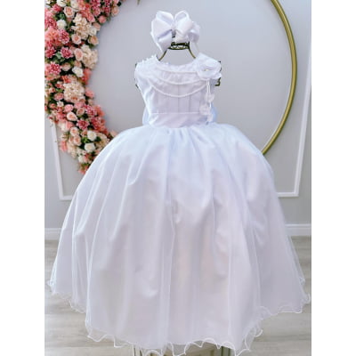 Vestido Infantil Branco Damas de Honra Casamentos C/ Broche