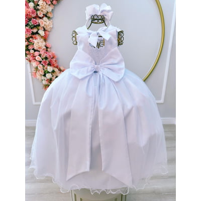 Vestido Infantil Branco Damas de Honra Casamentos C/ Broche