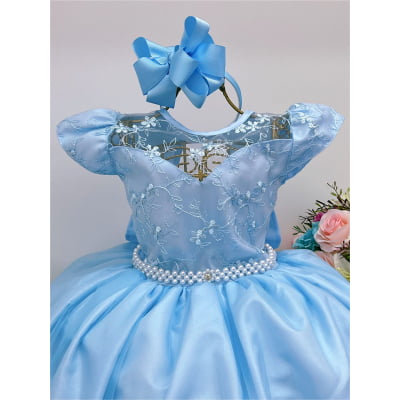Vestido Infantil Dama Honra Azul Bebê Casamento Renda Pérola