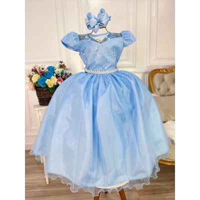 Vestido Infantil Dama Honra Azul Casamento Renda C/ Pérola