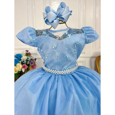 Vestido Infantil Dama Honra Azul Casamento Renda C/ Pérola