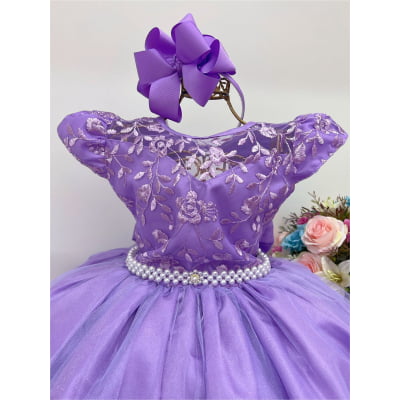 Vestido Infantil Dama Honra Lilás Casamento Renda Pérola