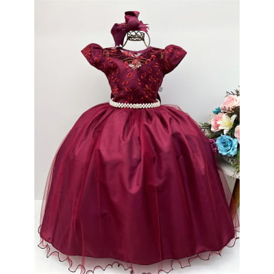 Vestido Infantil Dama Honra Marsala Casamento Renda Pérola