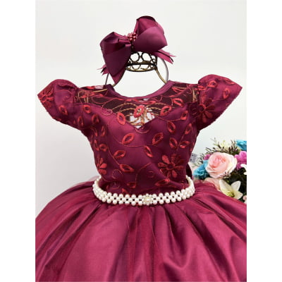 Vestido Infantil Dama Honra Marsala Casamento Renda Pérola