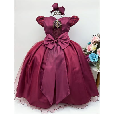 Vestido Infantil Dama Honra Marsala Casamento Renda Pérola