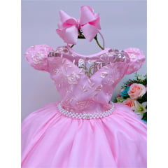 Vestido Infantil Dama Honra Rosa Casamento Renda Pérola