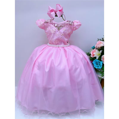 Vestido Infantil Dama Honra Rosa Casamento Renda Pérola