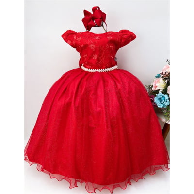 Vestido Infantil Dama Honra Vermelho Casamentos Renda Pérola