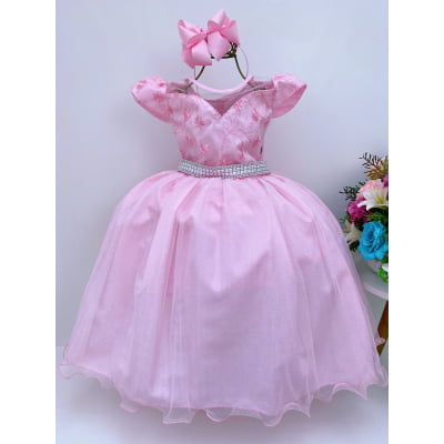 Vestido Infantil Dama Rosa Renda Tule Cinto Strass Luxo
