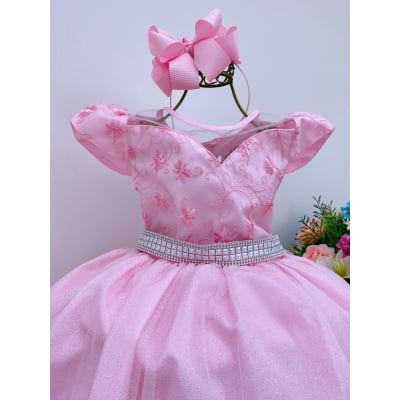 Vestido Infantil Dama Rosa Renda Tule Cinto Strass Luxo
