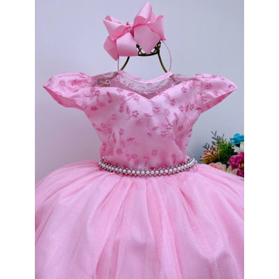 Vestido Infantil Dama Rosa Renda Tule no Busto Cinto Pérolas Luxo