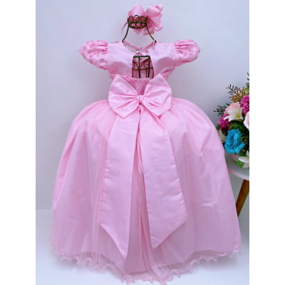Vestido Infantil Dama Rosa Renda Tule no Busto Cinto Pérolas Luxo