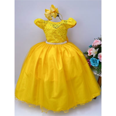 Vestido Infantil Damas Honra Amarelo Casamento Renda Pérola