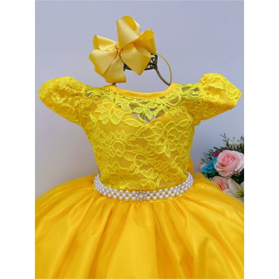 Vestido Infantil Damas Honra Amarelo Casamento Renda Pérola