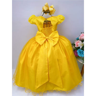 Vestido Infantil Damas Honra Amarelo Casamento Renda Pérola