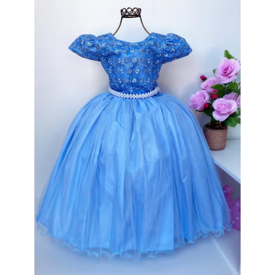 Vestido Infantil Damas Honra Azul Claro Casamentos Pérolas