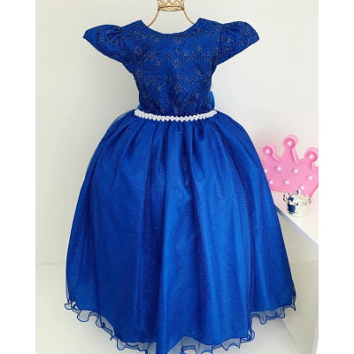 Vestido Infantil Damas Honra Azul Royal Casamentos Pérolas