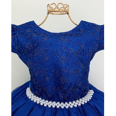 Vestido Infantil Damas Honra Azul Royal Casamentos Pérolas
