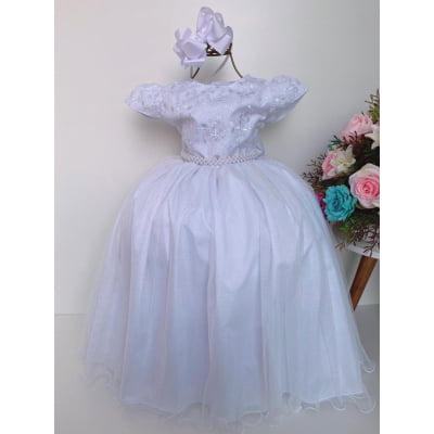 Vestido Infantil Damas Honra Branco Casamentos Pérolas Renda