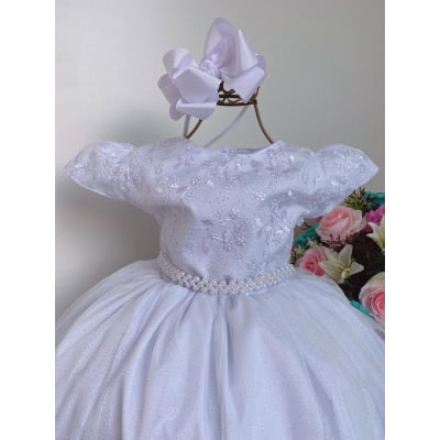 Vestido Infantil Damas Honra Branco Casamentos Pérolas Renda